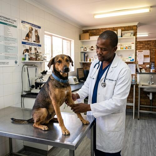 Veterinarian examining a dog at a community clinic