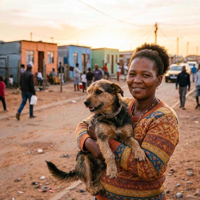 Woman holding her dog in a South African community